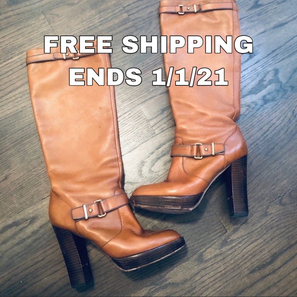 Cognac Coach Designer Leather Knee Boots 8.5